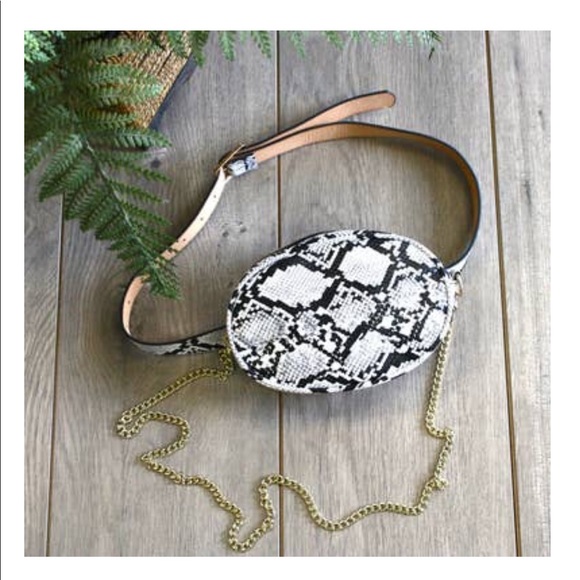 Snake skin patterned Oval-shaped waist bag w/chain - Picture 5 of 7